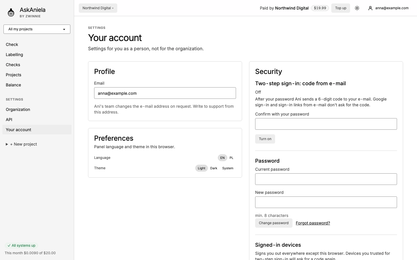 Your account: profile, preferences with language and theme, security with two-step sign-in and password