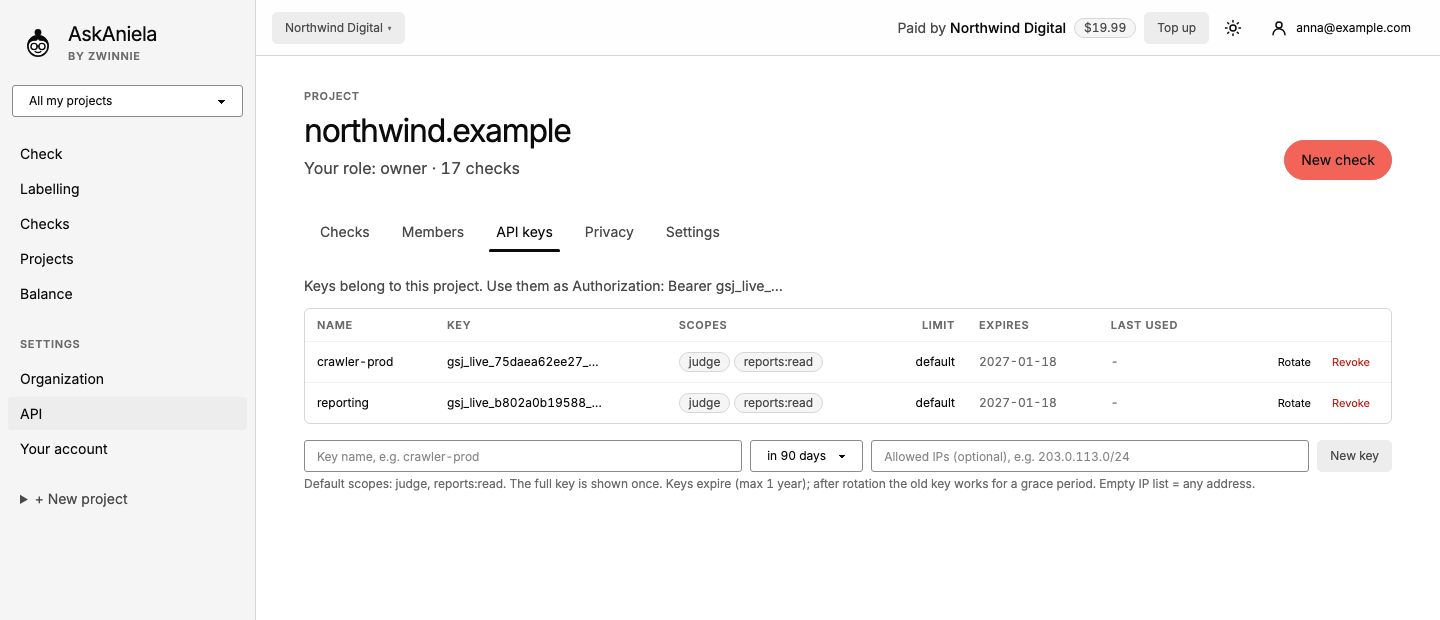 Project page, API keys tab: list of keys with scopes, expiry and actions, and the form for a new key