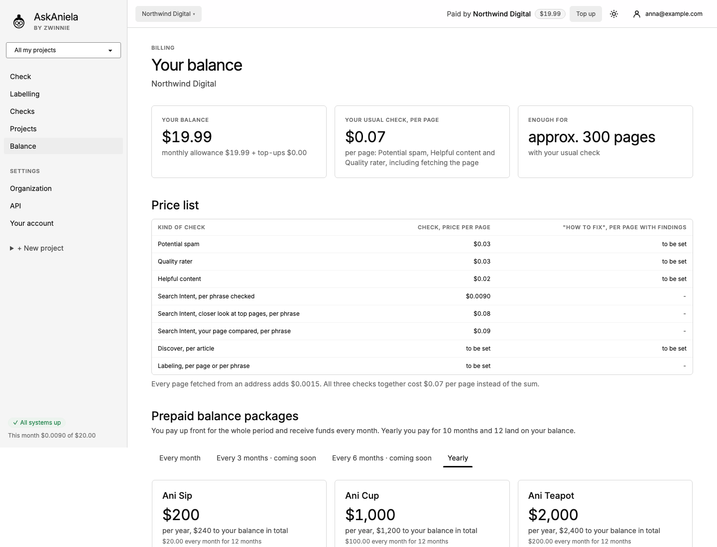 Balance page: your balance, usual check per page, how many pages it is enough for, price list and packages