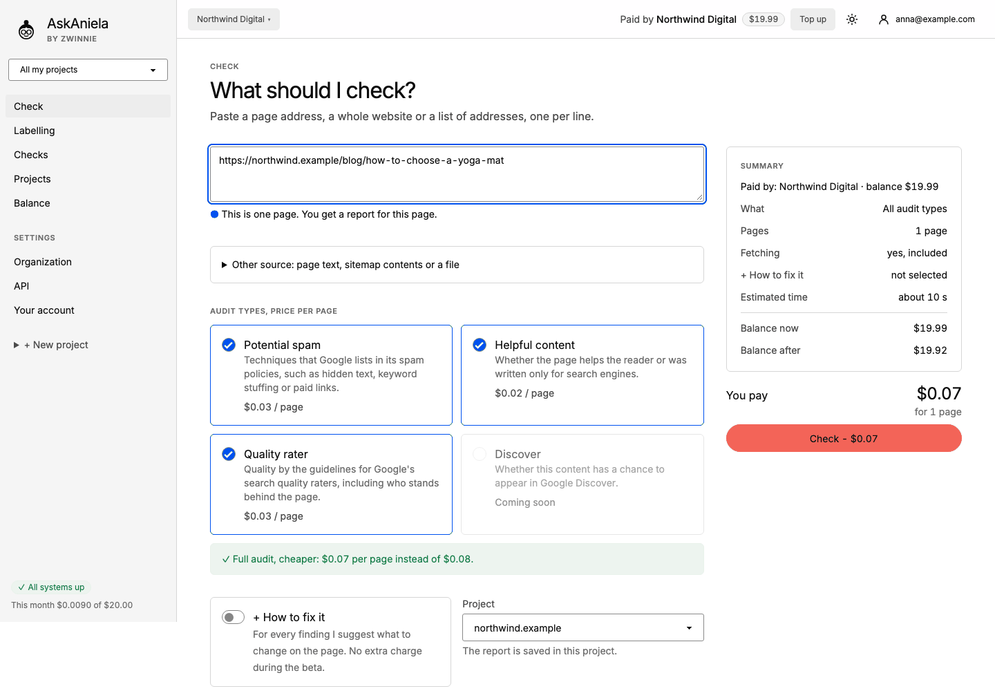 Check screen with a page address, audit types, How to fix it, project and the summary with price
