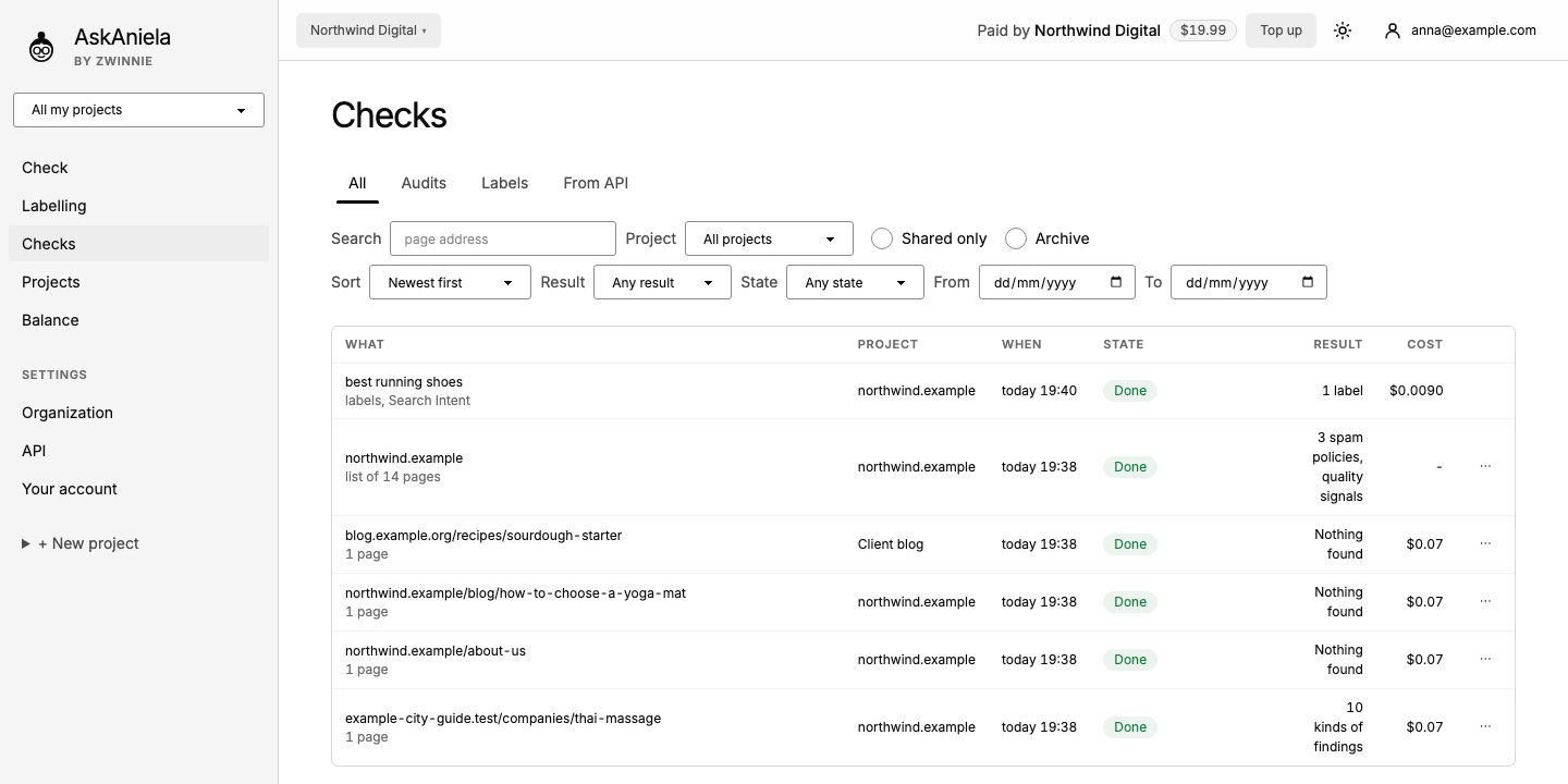 Checks list with tabs, search, project filter, sorting and the table of checks