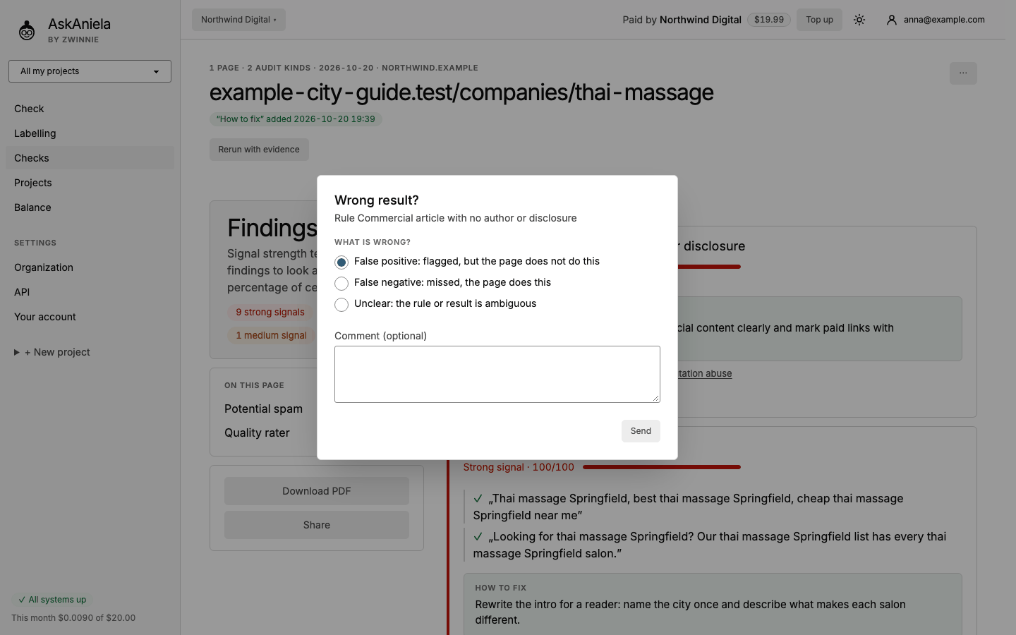 Wrong result? window with false positive, false negative, unclear and a comment field