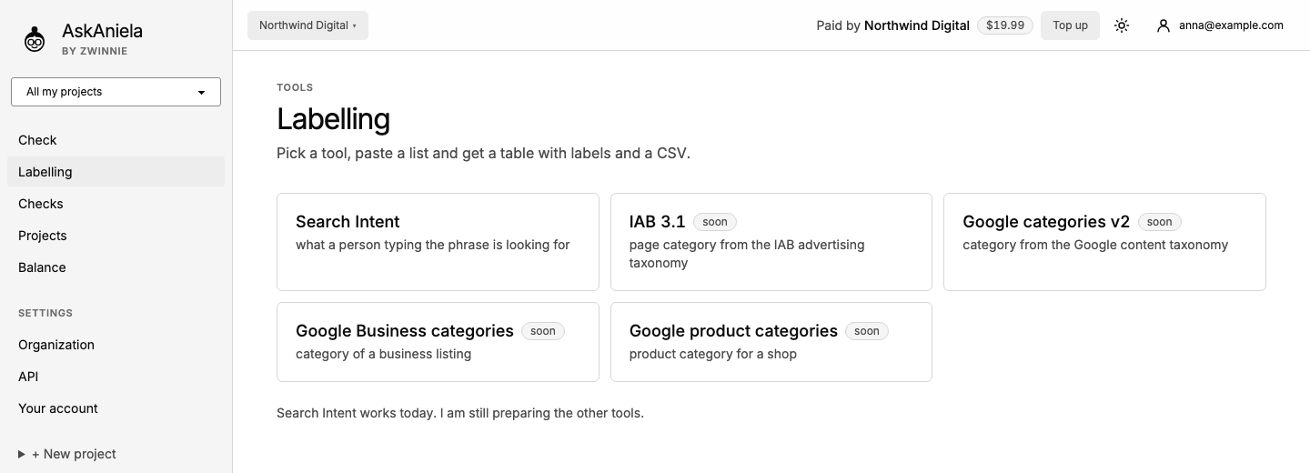 Labelling page with the Search Intent tile and other tools marked soon