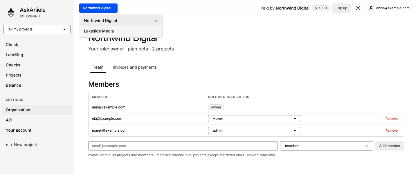 Organization page with members and roles, and the organization switcher open in the top bar