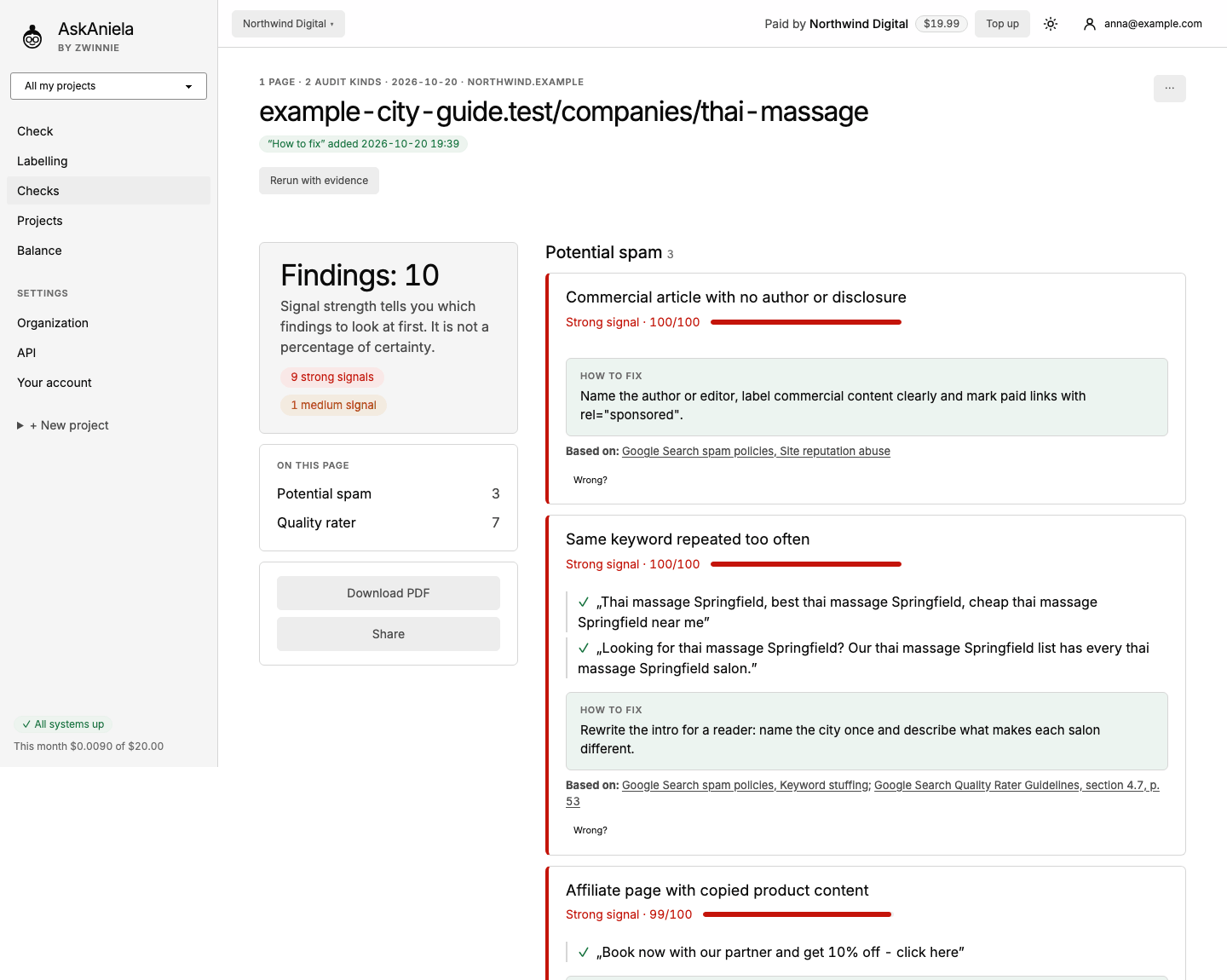 Page report: findings count, signal strengths, quotes from the page and How to fix boxes