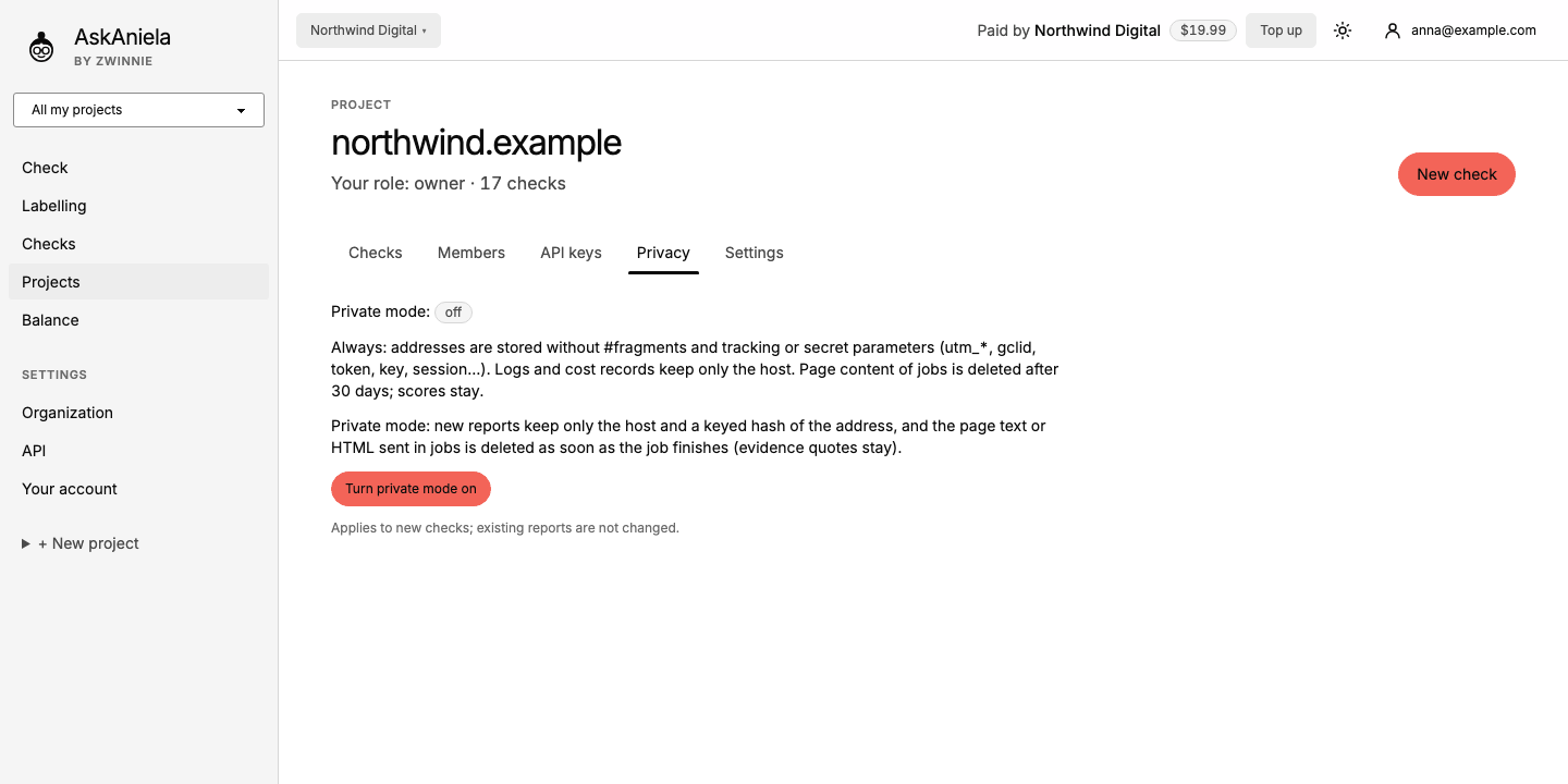 Project page, Privacy tab with the private mode switch