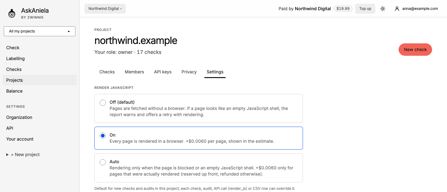 Project page, Settings tab: Render JavaScript off, on or auto