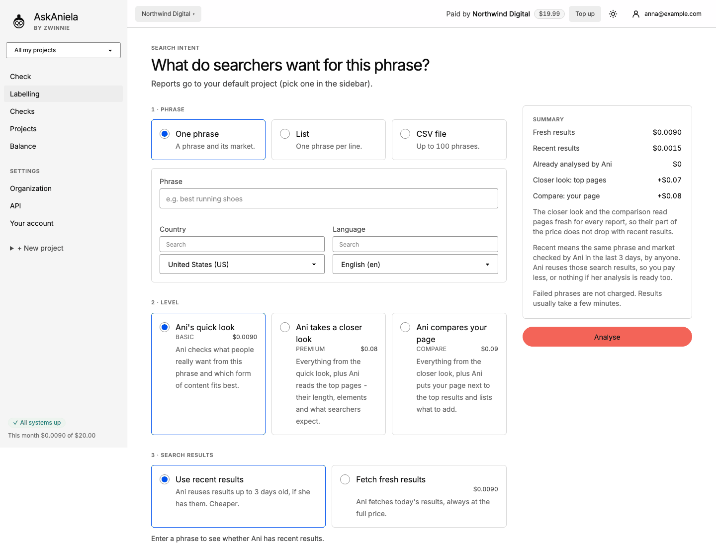 Search Intent form: one phrase, list or CSV, country and language, three levels and search results
