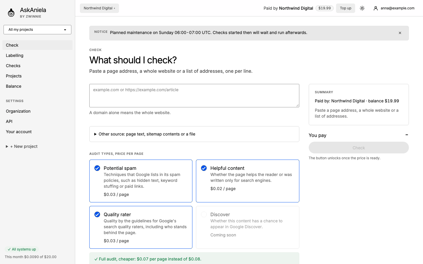 Check screen with an announcement banner at the top and the status pill at the bottom of the sidebar