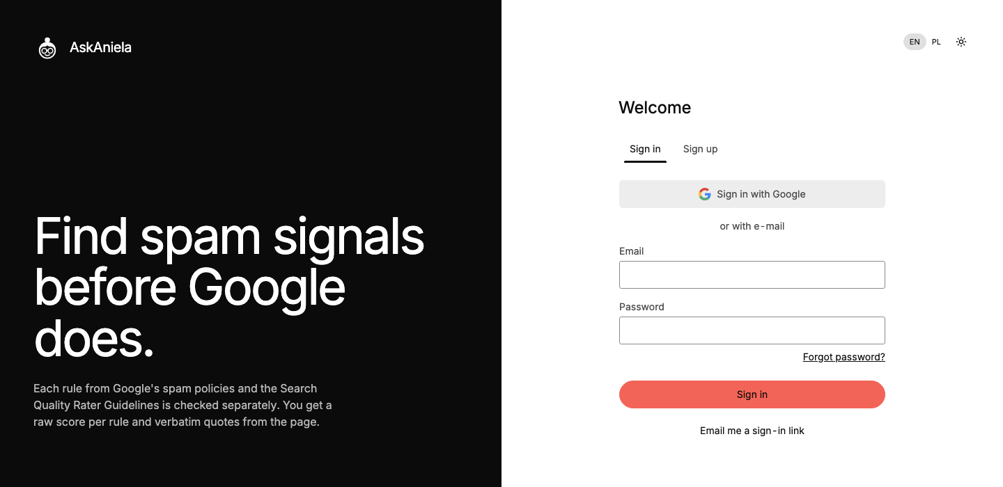 Sign-in page with the Sign in and Sign up tabs, the Google button and the e-mail form