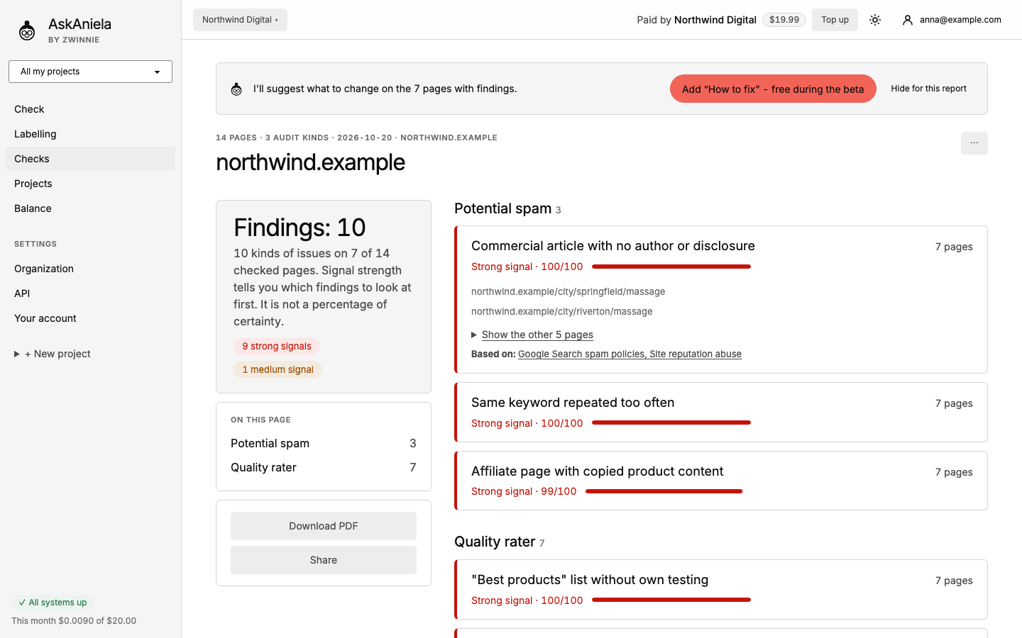 Site report: findings with the number of pages, signal strength and the side panel with PDF and sharing