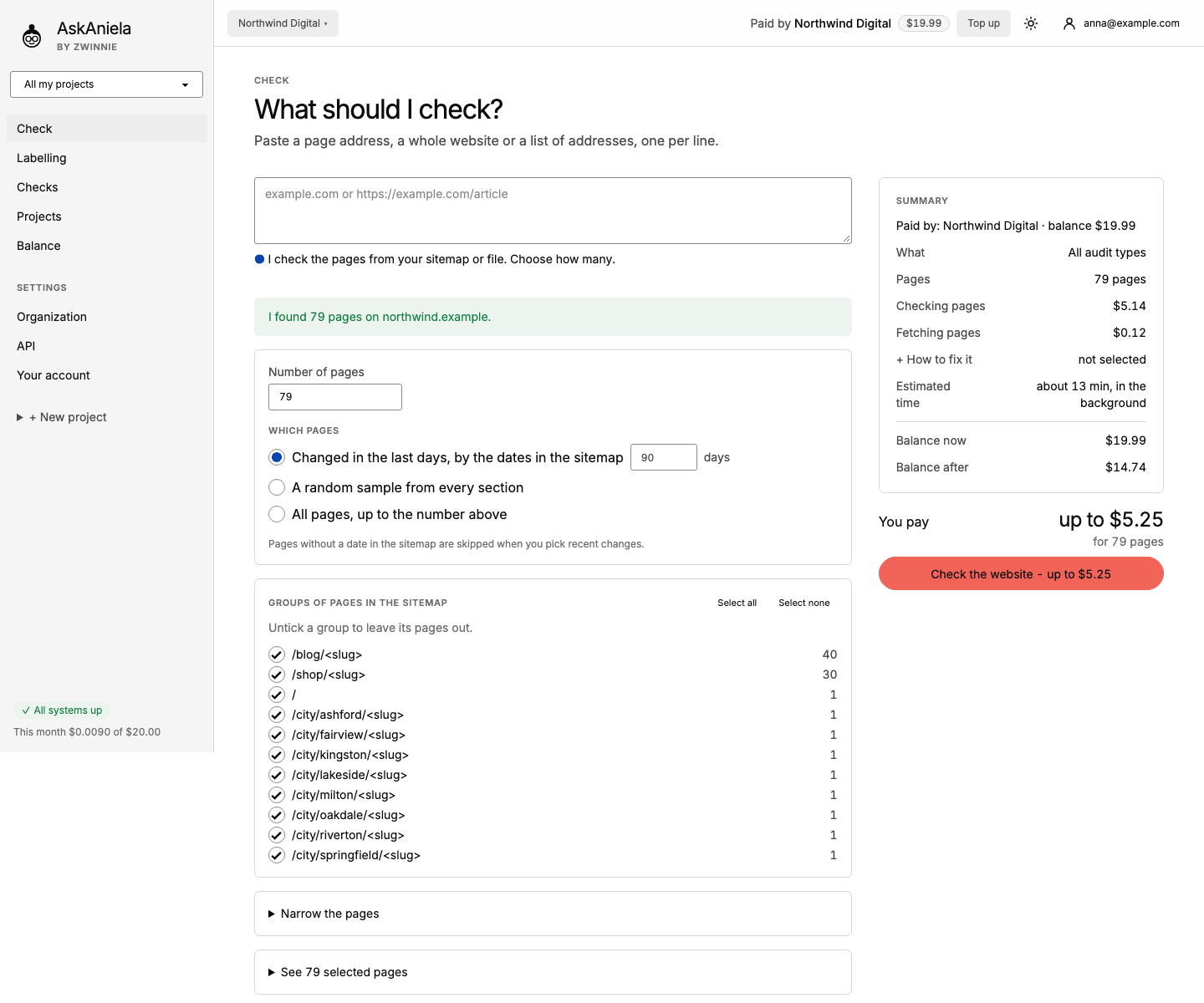 Check screen with a sitemap: number of pages, which pages, groups of pages and the price for the website