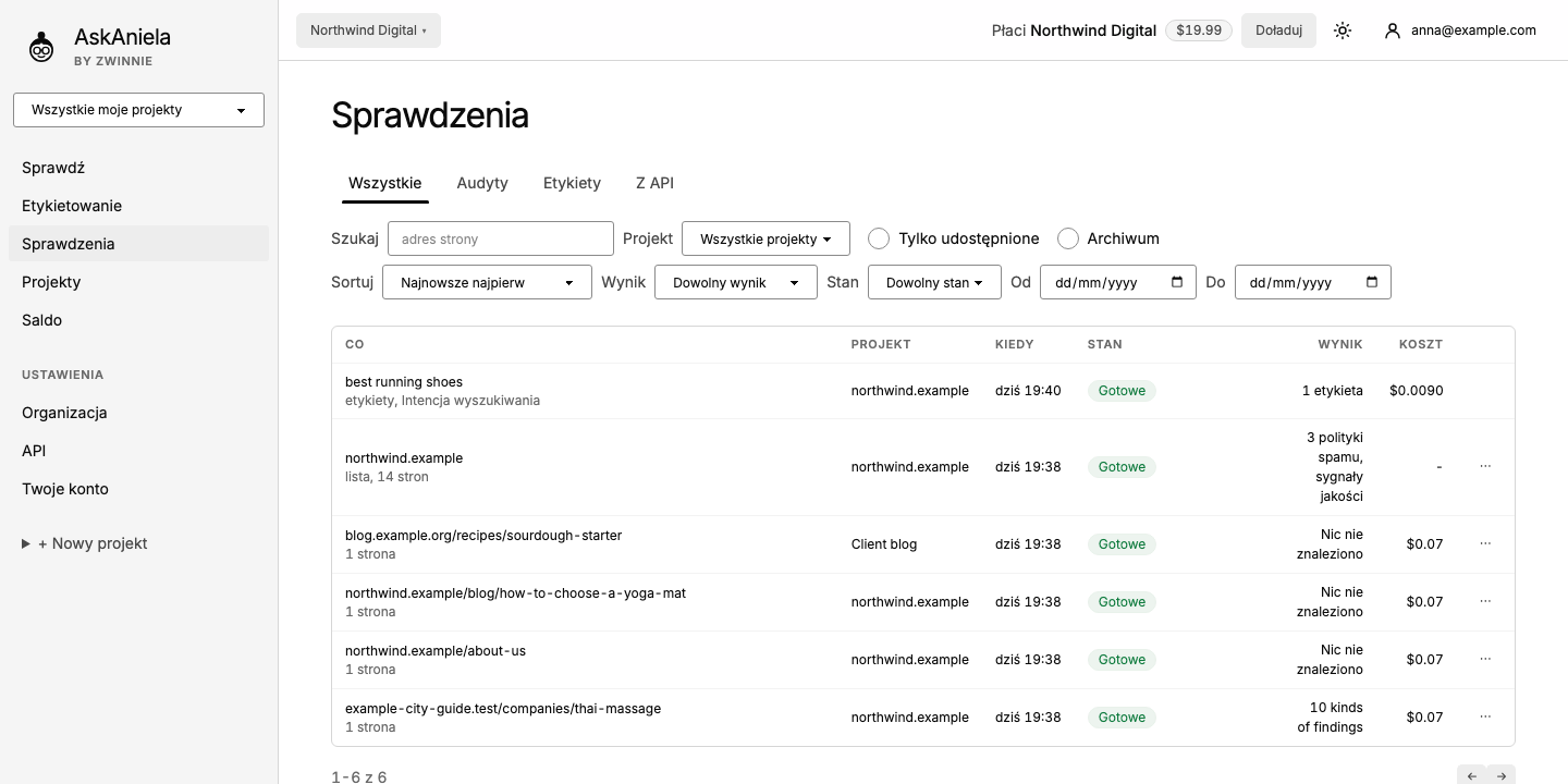 Lista Sprawdzenia z zakładkami, wyszukiwaniem, filtrem projektu, sortowaniem i tabelą sprawdzeń