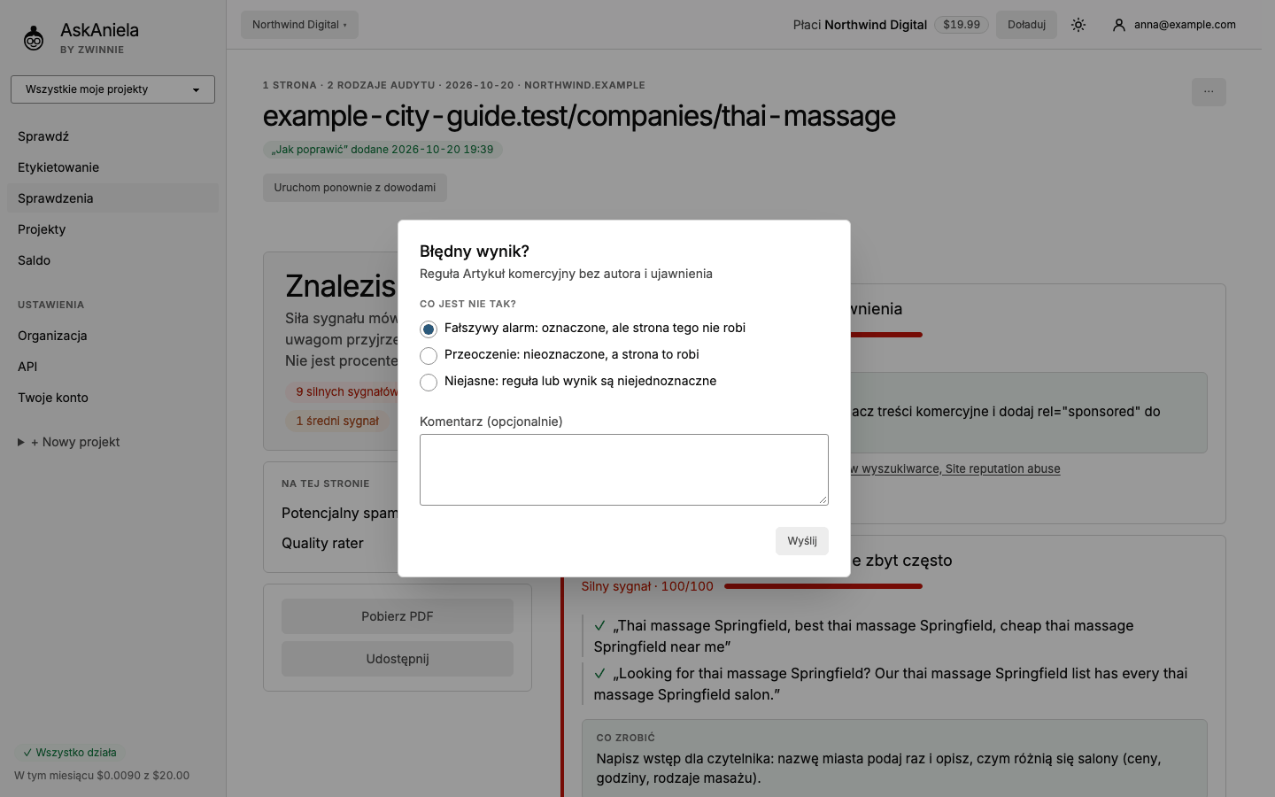 Okno Błędny wynik? z opcjami fałszywy alarm, przeoczenie, niejasne i polem komentarza