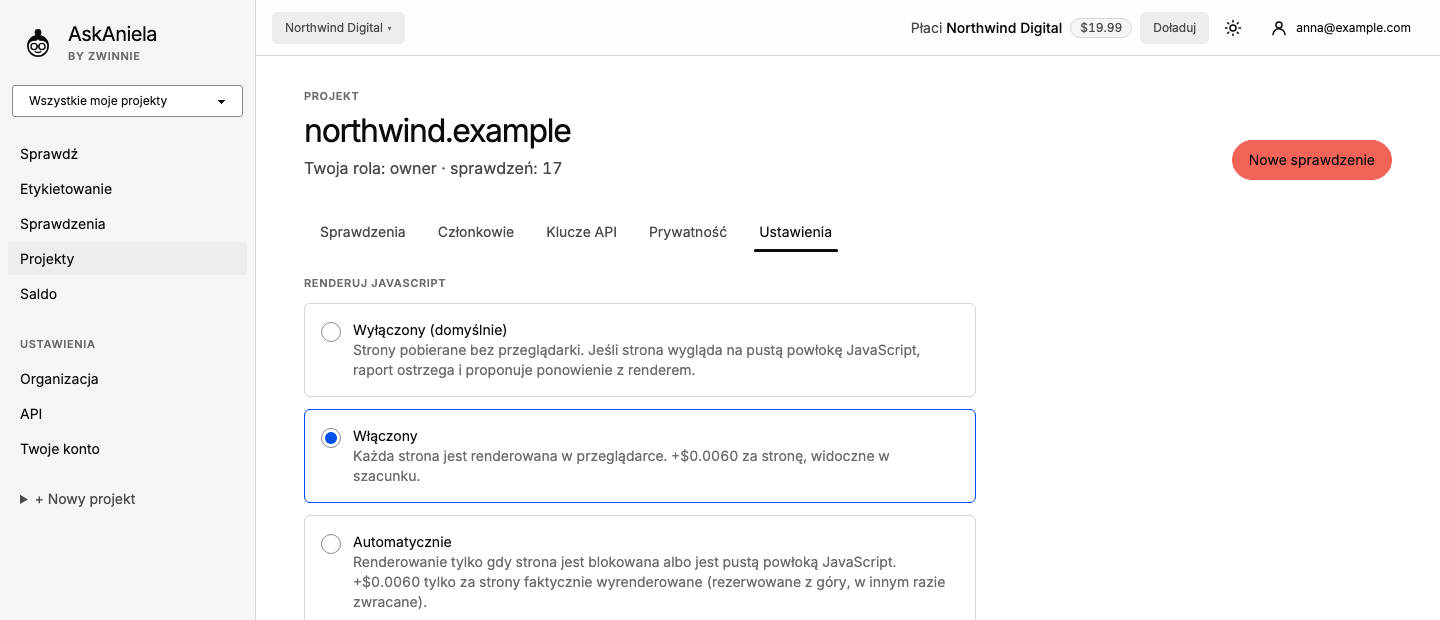 Strona projektu, zakładka Ustawienia: Renderuj JavaScript wyłączony, włączony albo automatycznie