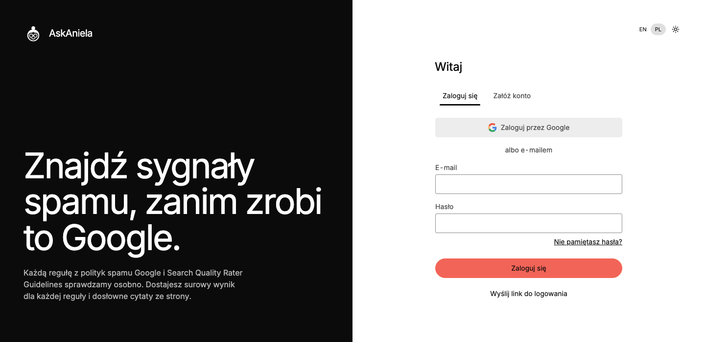 Strona logowania z zakładkami Zaloguj się i Załóż konto, przyciskiem Google i formularzem e-mail